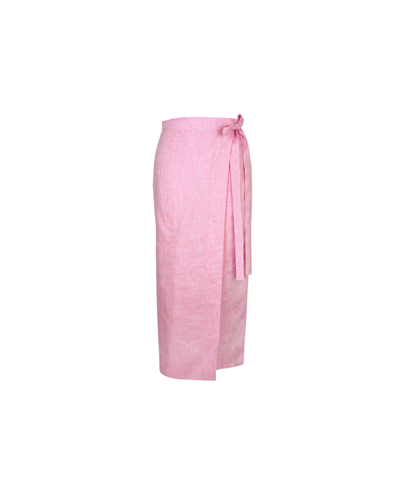 VIDA WRAP SKIRT PINK | Wrap skirt designed in a pink linen. This skirt is versatile in that it can be worn high or low-waisted. Make it a set by pairing this skirt with the...