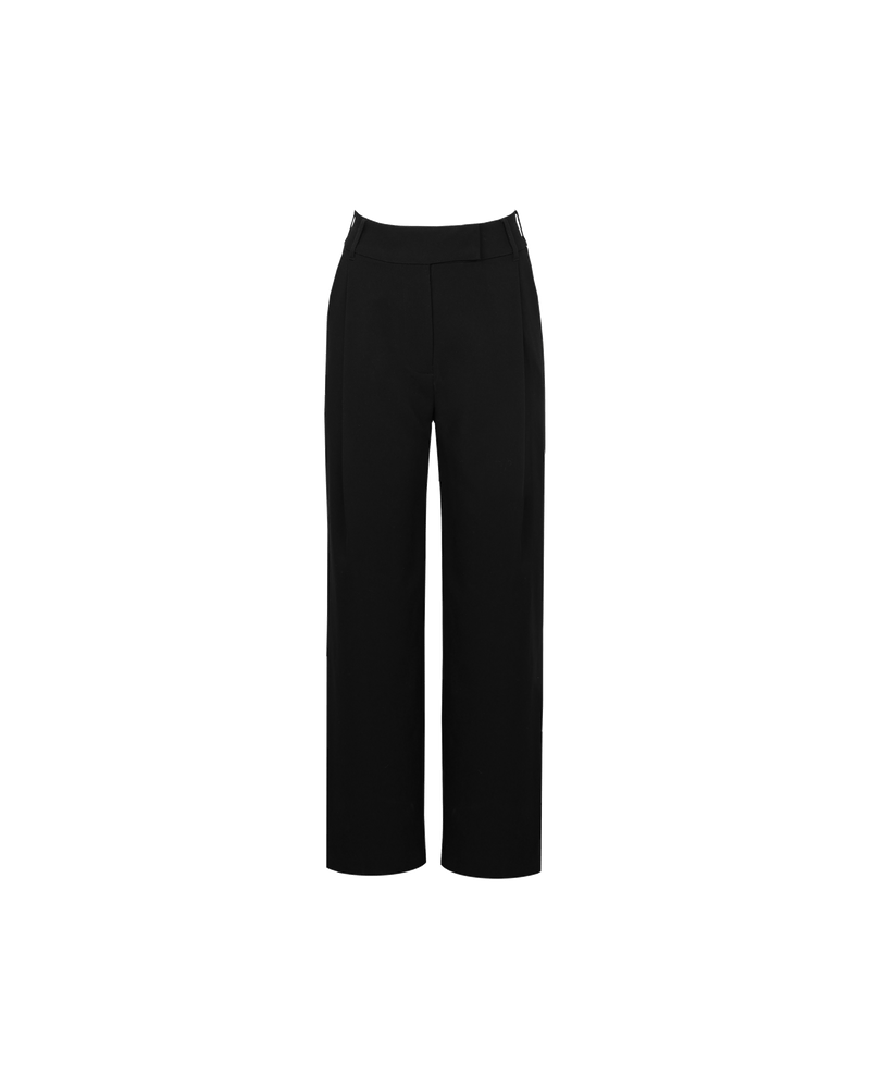 RUE TROUSER BLACK | Straight leg mid-waist suit trouser with a flat waistband and belt loops. These pants are versatile in that they can we be worn casual with a baby tee, or formal with...