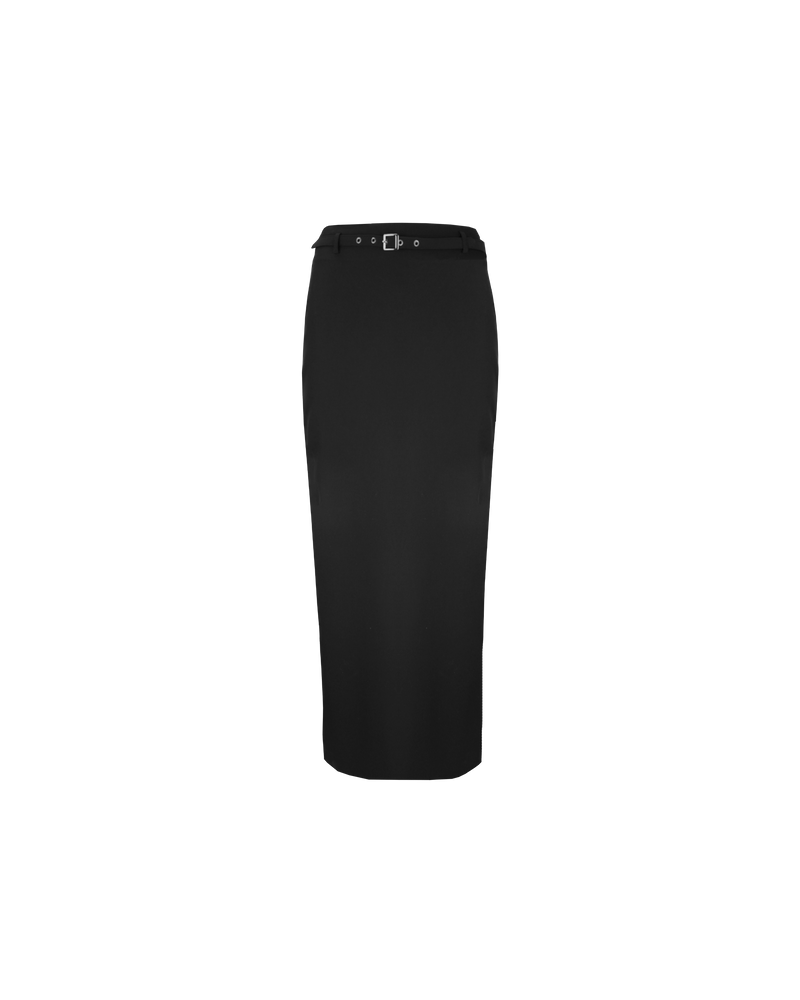 RUE PENCIL SKIRT BLACK | Suit style maxi skirt with a detachable belt with eyelet detailing. This skirt features a back split for ease of movement and back pockets.
