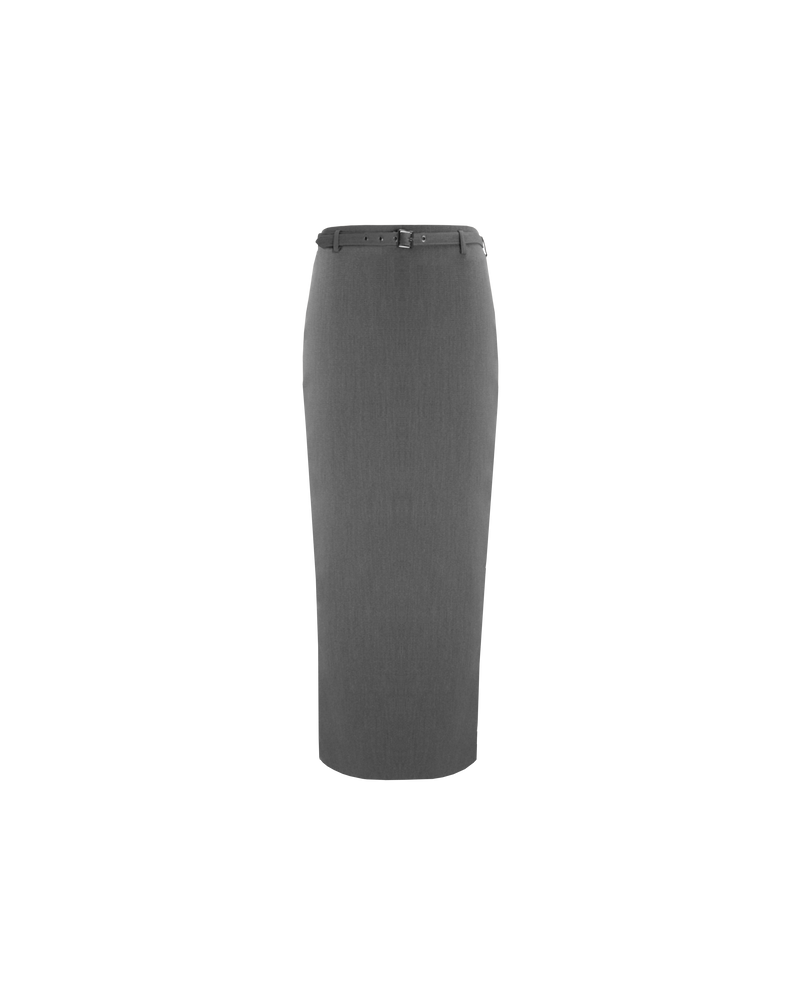 RUE PENCIL SKIRT CHARCOAL | Suit style maxi skirt with a detachable belt with eyelet detailing. This skirt features a back split for ease of movement and back pockets.