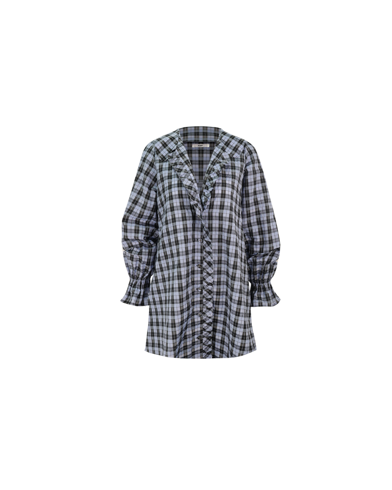 SANDLER LONG SLEEVE MINI DRESS BLUE TARTAN | Button down long sleeve shirt dress with a feature ruffled collar and ruffles down the placket. Feature side pockets and an A-line silhouette.