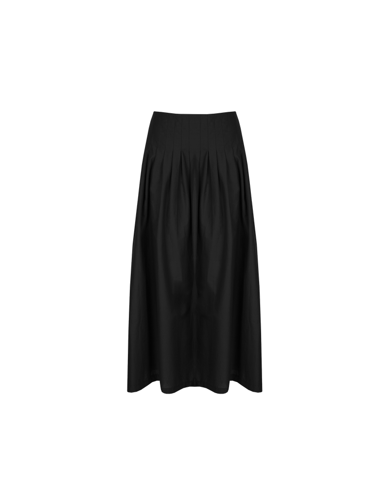 SANDLER SKIRT BLACK | Tennis style maxi skirt with a pleated drop waist. Designed in a soft, black cotton, this skirt is floaty when you walk and is cool to wear.