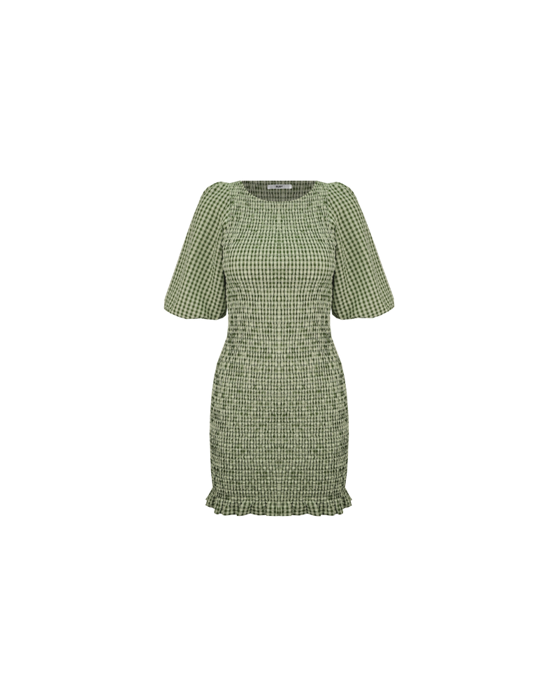 SKY SHIRRED DRESS FOREST GINGHAM | Short sleeve mini dress designed in a forest green gingham cotton. This dress features shirring through out the body, making it stretchy and close-fitting to the body.
