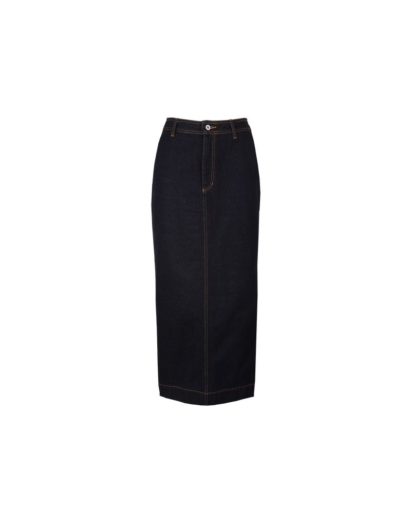 SODA DENIM SKIRT UNWASHED | Mid-rise maxi skirt designed in a raw denim. Features a patched back pocket, a side split for ease of movement, and 2 side pockets. A versatile and easy wardrobe staple.