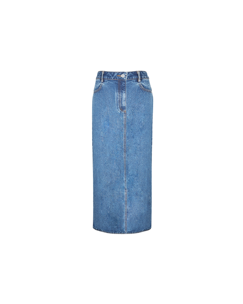 SUBLIME DENIM MAXI SKIRT INDIGO | Mid-rise straight-cut denim skirt with metal hardware in indigo denim. Features a back split for ease of movement and a maxi length.