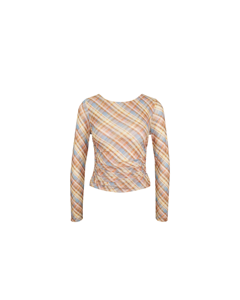 BOUNCE MESH LONG SLEEVE YELLOW TARTAN | Form-fitting stretchy mesh long sleeve. Designed in a retro-inspired yellow tartan, with ruched detailing along the body and sleeves, this top is semi-sheer making it the perfect playful layering piece....