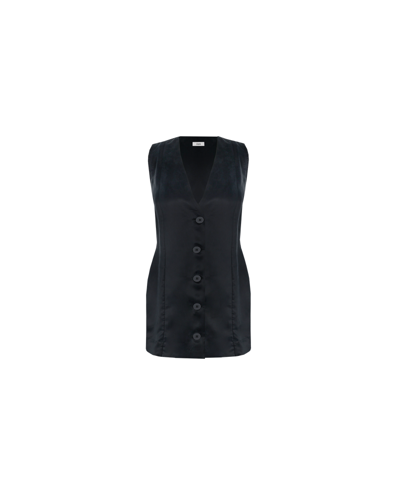 THELMA VEST BLACK | Long-line vest designed in a soft black cupro. Features panelling, a waist tie at the back and black buttons for a sleek look. This piece is versatile in that it...