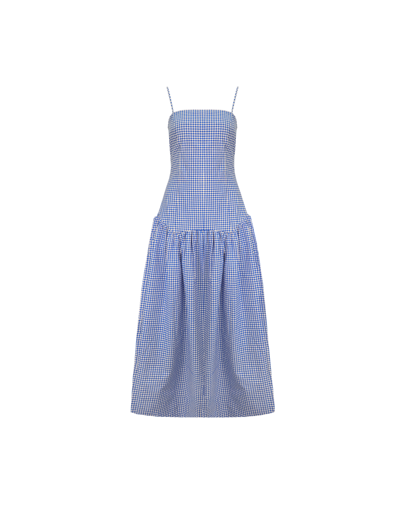 TRULLI MAXI DRESS COBALT GINGHAM | Cotton gingham maxi dress that is fitted through the body, then falls to a floaty basque style skirt. This dress features a dropped bodice-style waistline with a full skirt, and...