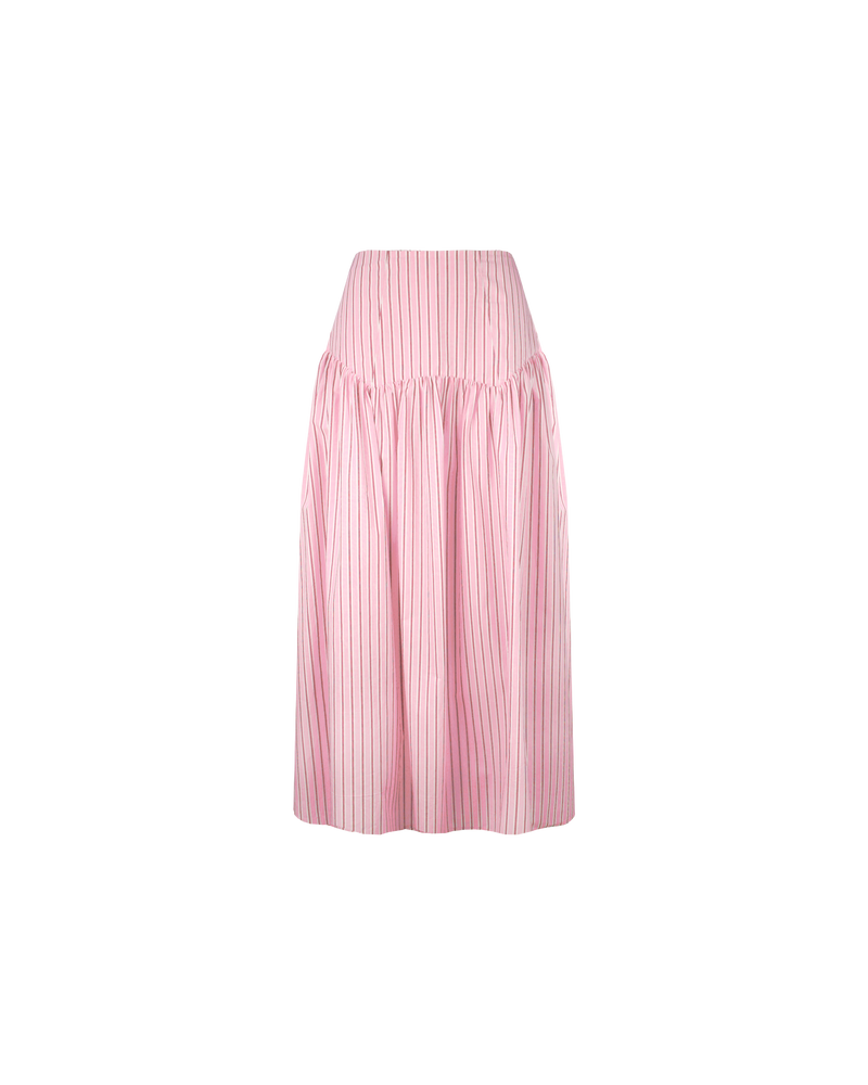 TRULLI SKIRT PINK RED STRIPE | Floaty basque style maxi skirt imagined in a pink striped cotton. This skirt features an asymmetrical bodice-style waistline, that falls to a full, wide skirt.
