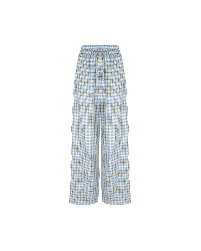 TRULLI PANT BLUE YELLOW CHECK | Mid-waist cotton pant designed in a blue and yellow checked cotton. Features wave cut-outs down the outside of the legs, making these a fun piece for your wardrobe.
