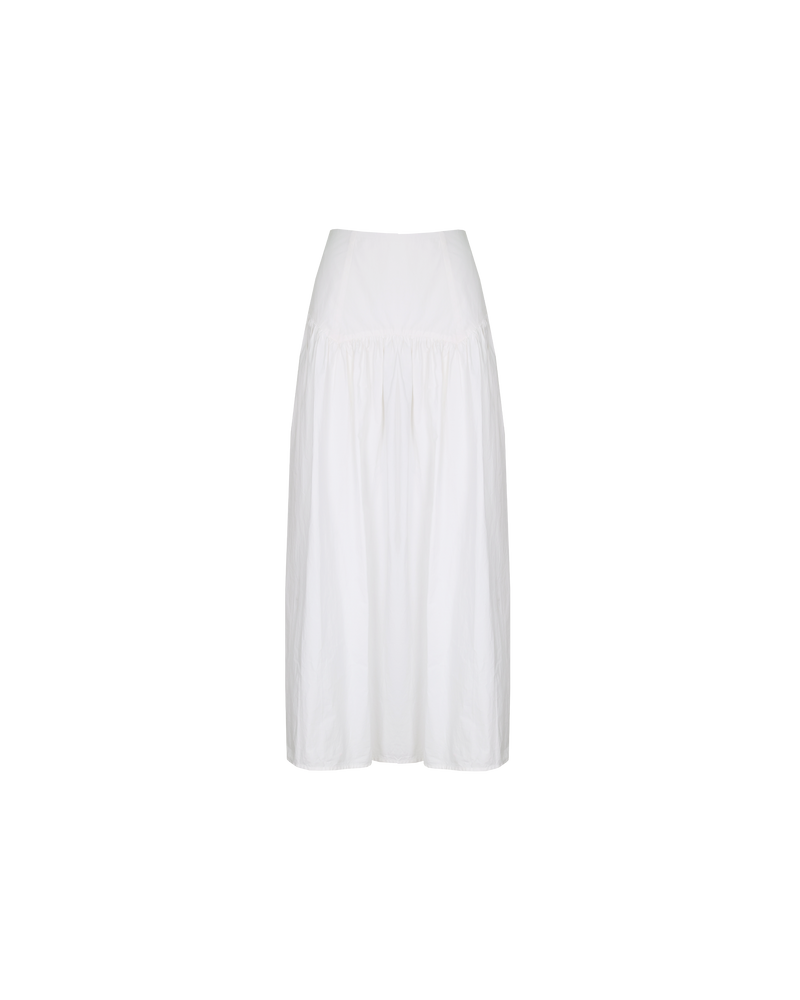 TRULLI SKIRT WHITE | Floaty basque style maxi skirt imagined in a white cotton poplin fabric. This skirt features a bodice-style waistline, that falls to a full, wide skirt.