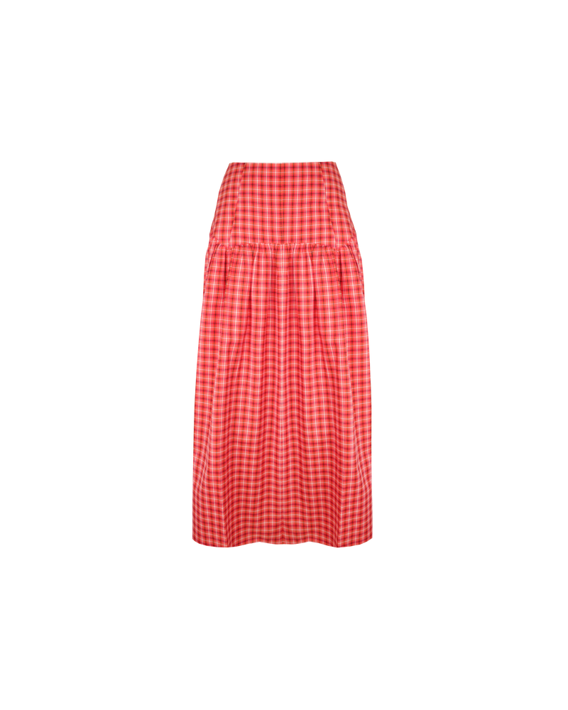 TRULLI SKIRT RED TARTAN | Floaty basque style maxi skirt imagined in a red tartan cotton fabric. This skirt features a bodice-style waistline, that falls to a full, wide skirt.
