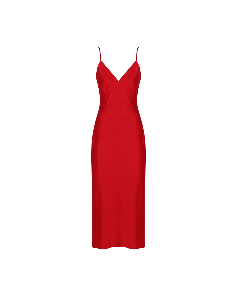 WEIRDLY SLIP LIPPY RED | Iconic bias cut slip dress with plunging neckline in a new longer length. A wardrobe staple in heavy weight double satin that is lush to wear, in a sheeny lippy...