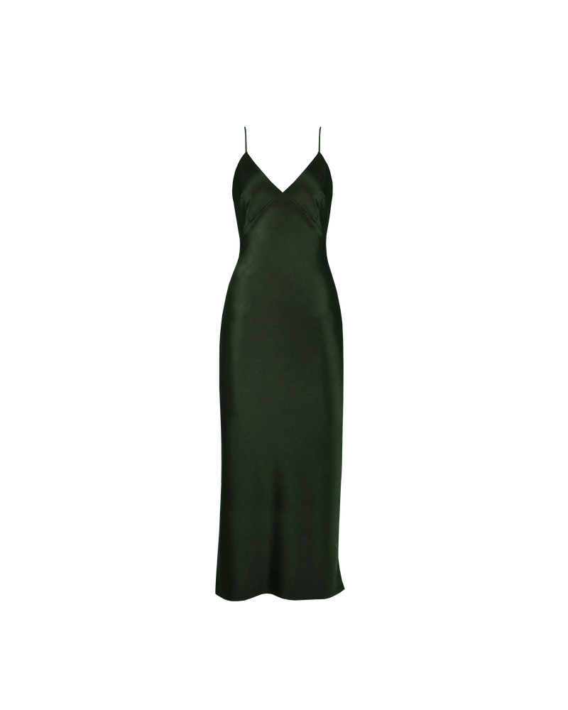 WEIRDLY SLIP JETTA GREEN | Iconic bias cut slip dress with plunging neckline in a new longer length. A wardrobe staple in heavy weight double satin that is lush to wear, in a rich jetta green colour.