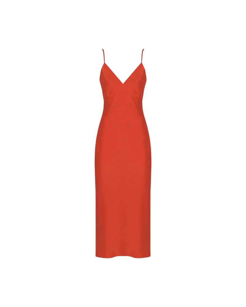 WEIRDLY SLIP VERMILLION | Iconic bias cut slip dress with plunging neckline in a longer length. A wardrobe staple in heavy-weight double satin that is lush to wear, in a sheeny vermillion colour.