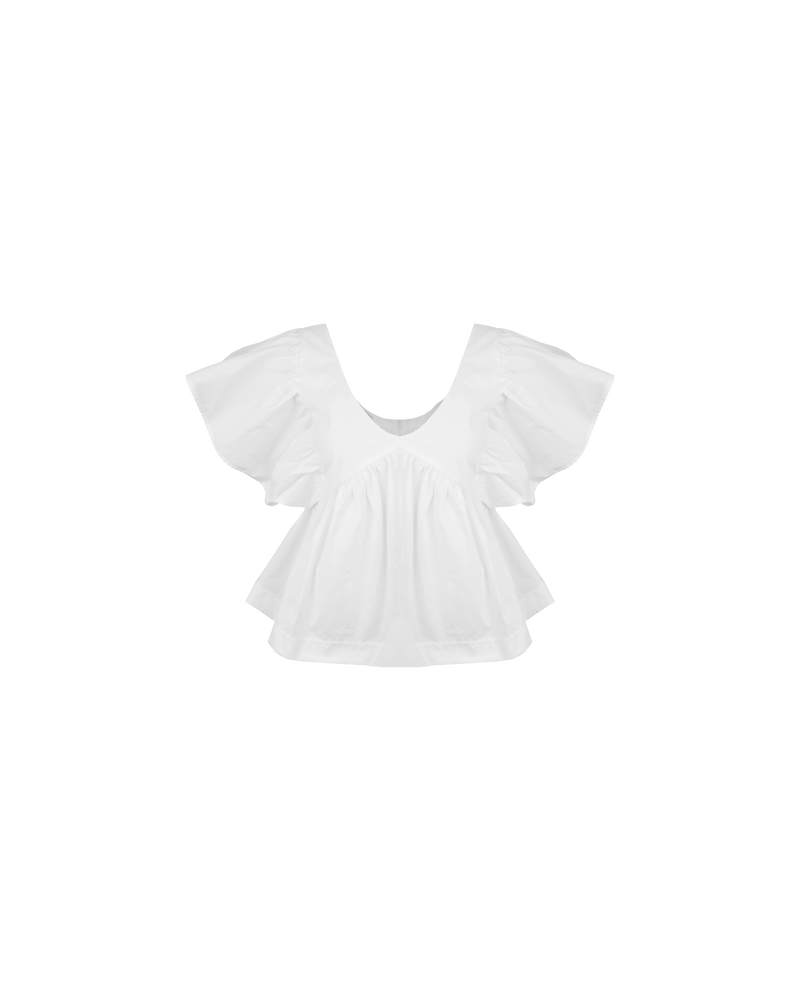 NONI RUFFLE TOP WHITE | Short sleeve cotton blouse, design with feature ruffled sleeves and a ruffle peplum hem. This top has bust shaping and a v-neckline, which makes for an easy-wear style.
