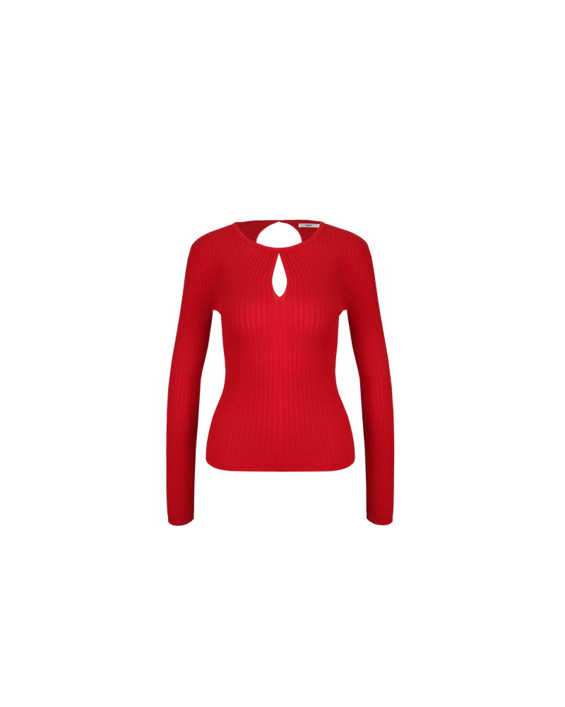 WREN KNIT LONG SLEEVE CHERRY | A RUBY take on a staple knit top. Designed in a cherry red ribbed knit, this long sleeve is fitted to the form with a keyhole detail that takes this...